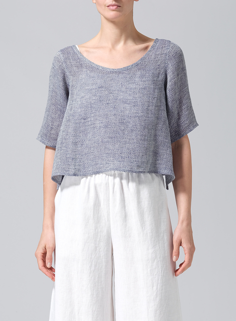 Linen Short-Sleeved Wide Round Neck Cropped Top
