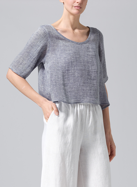 Linen Short-Sleeved Wide Round Neck Cropped Top