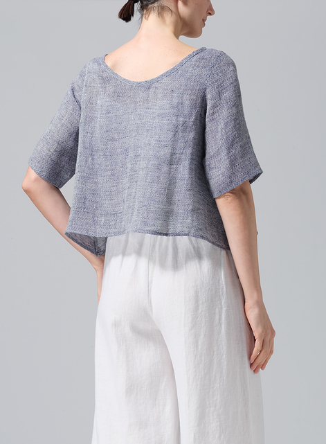 Linen Short-Sleeved Wide Round Neck Cropped Top