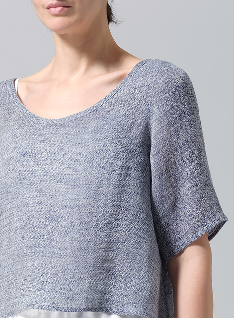 Linen Short-Sleeved Wide Round Neck Cropped Top