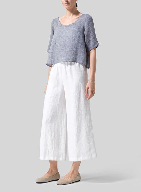 Linen Short-Sleeved Wide Round Neck Cropped Top