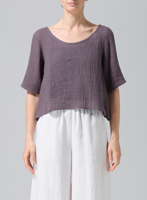 Linen Short-Sleeved Wide Round Neck Cropped Top