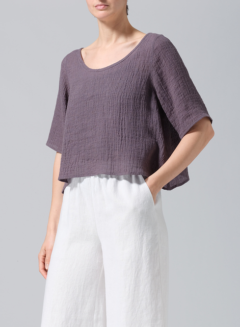 Linen Short-Sleeved Wide Round Neck Cropped Top