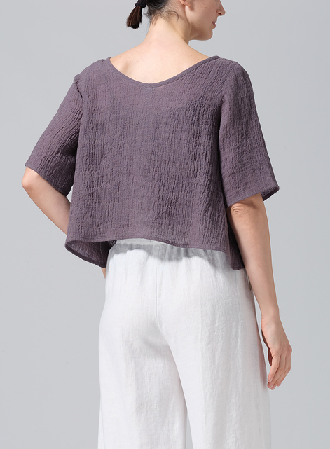 Linen Short-Sleeved Wide Round Neck Cropped Top