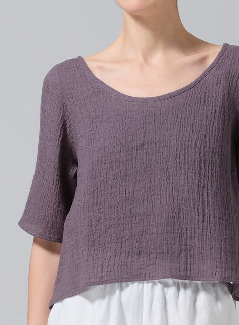 Linen Short-Sleeved Wide Round Neck Cropped Top
