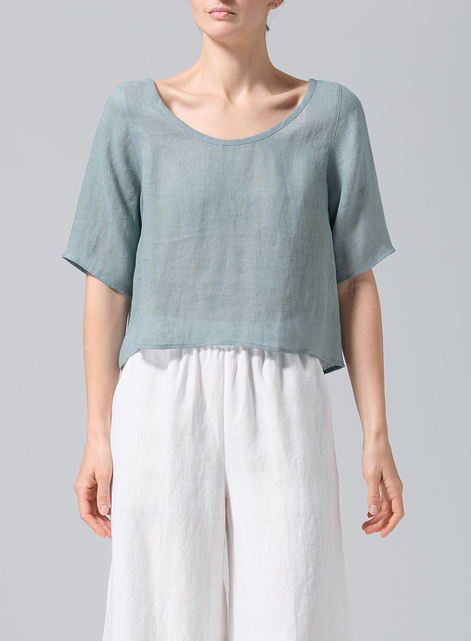 Linen Short-Sleeved Wide Round Neck Cropped Top