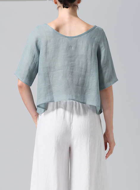 Linen Short-Sleeved Wide Round Neck Cropped Top
