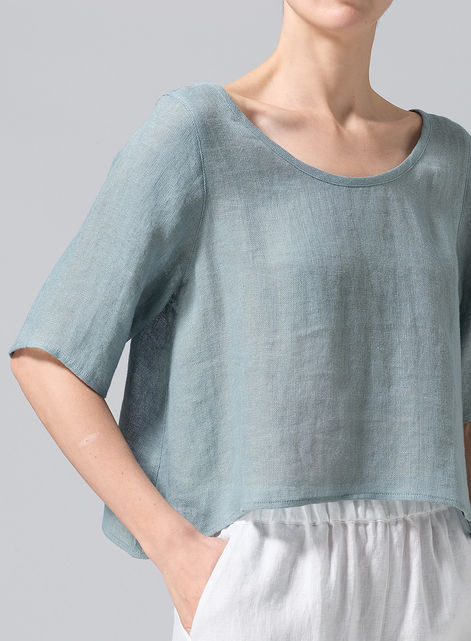 Linen Short-Sleeved Wide Round Neck Cropped Top