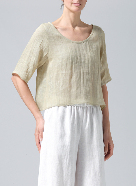 Linen Short-Sleeved Wide Round Neck Cropped Top