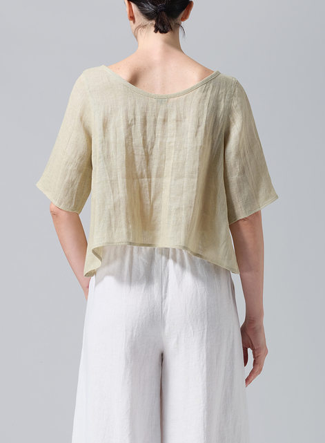 Linen Short-Sleeved Wide Round Neck Cropped Top