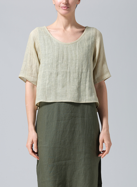 Linen Short-Sleeved Wide Round Neck Cropped Top