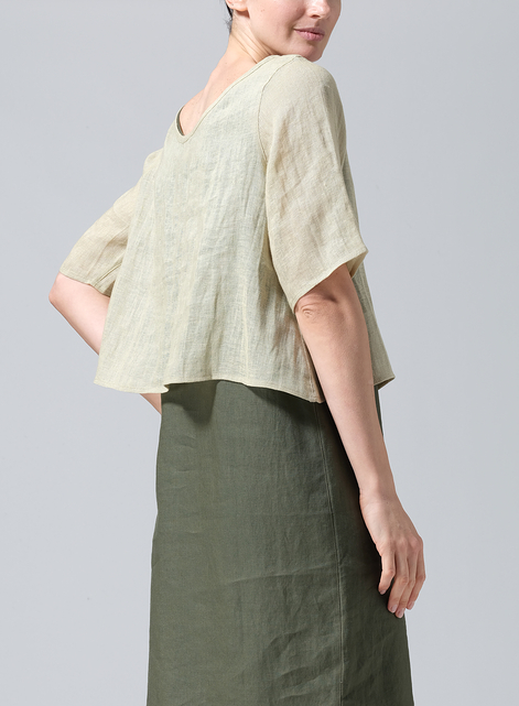 Linen Short-Sleeved Wide Round Neck Cropped Top