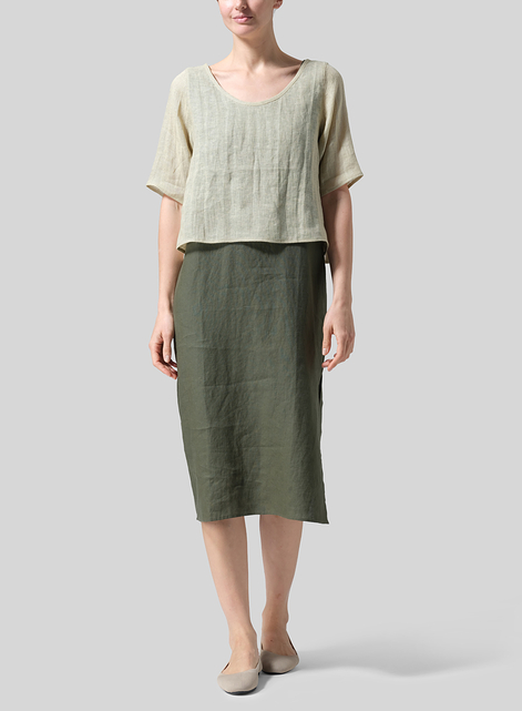 Linen Short-Sleeved Wide Round Neck Cropped Top