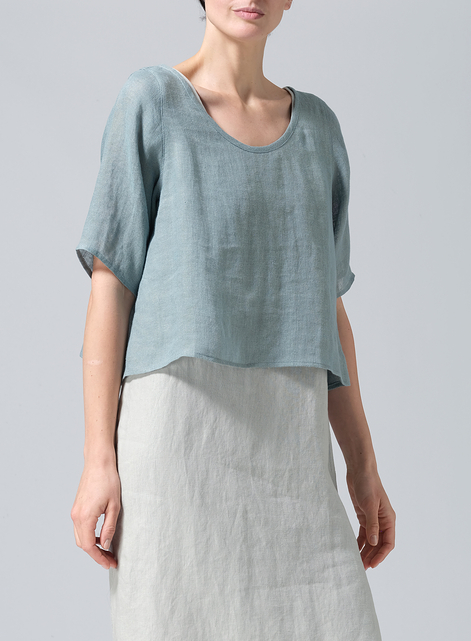 Linen Short-Sleeved Wide Round Neck Cropped Top