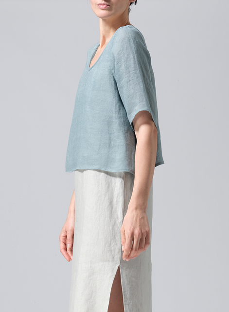 Linen Short-Sleeved Wide Round Neck Cropped Top