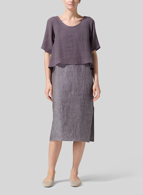 Linen Short-Sleeved Wide Round Neck Cropped Top