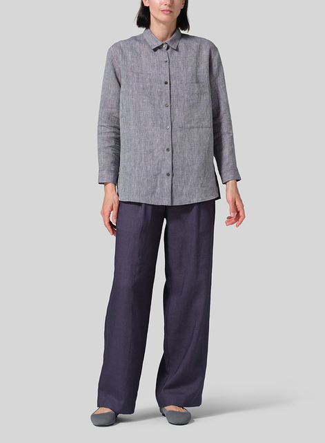 Linen Basic Button Front Long Sleeve Shirt