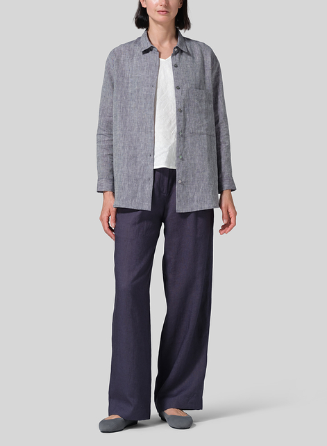 Linen Basic Button Front Long Sleeve Shirt
