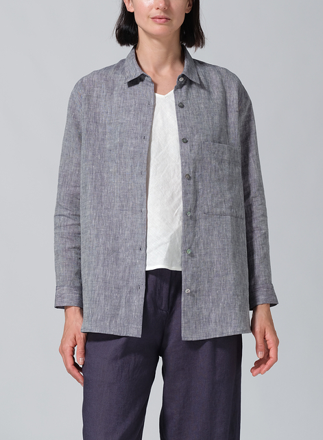 Linen Basic Button Front Long Sleeve Shirt