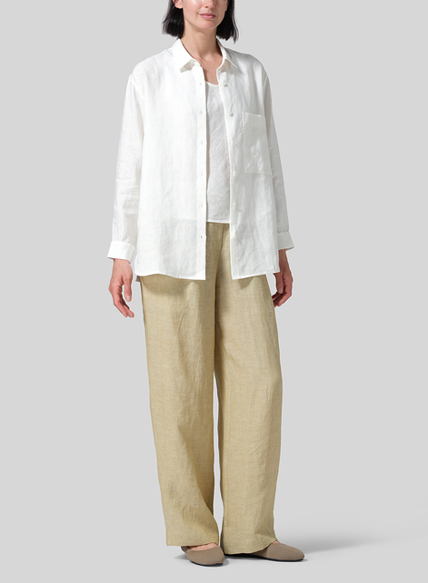 Linen Basic Button Front Long Sleeve Shirt