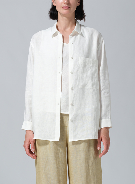 Linen Basic Button Front Long Sleeve Shirt