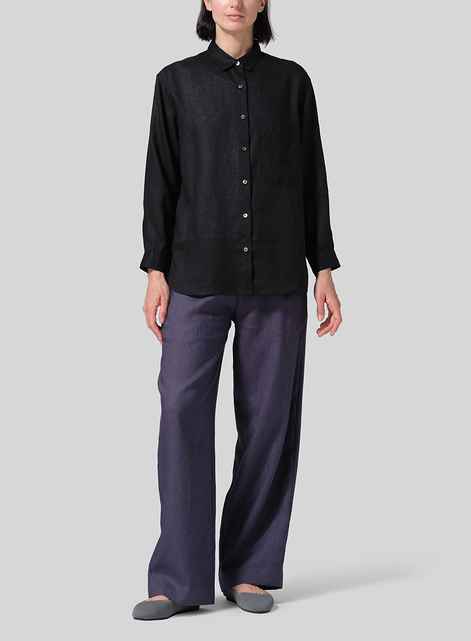 Linen Basic Button Front Long Sleeve Shirt