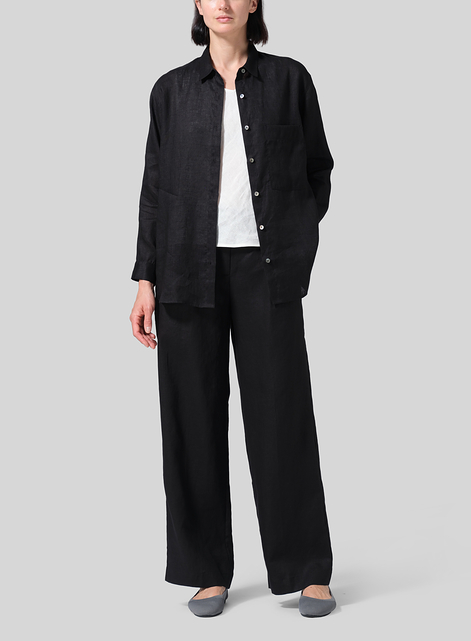 Linen Basic Button Front Long Sleeve Shirt