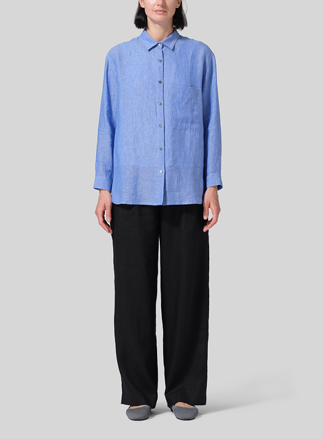 Linen Basic Button Front Long Sleeve Shirt