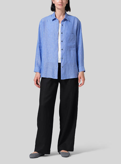 Linen Basic Button Front Long Sleeve Shirt