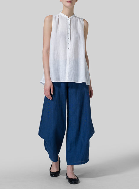 Linen Mandarin Collar A-Line Sleeveless Shirt