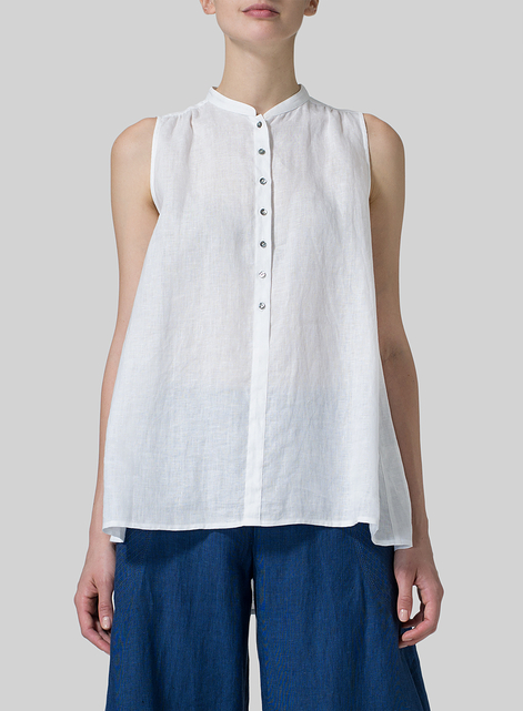 Linen Mandarin Collar A-Line Sleeveless Shirt
