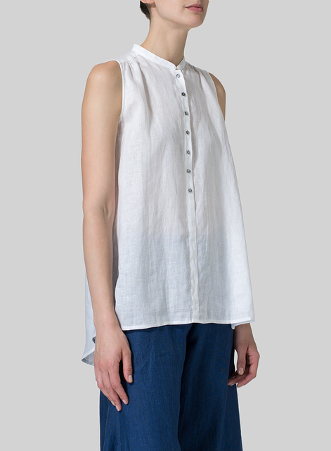 Linen Mandarin Collar A-Line Sleeveless Shirt