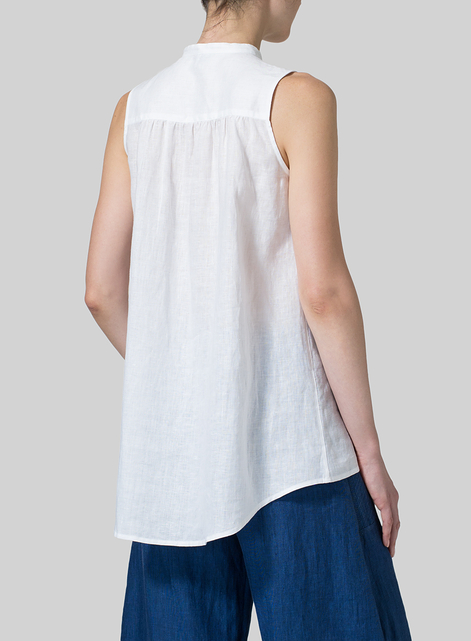 Linen Mandarin Collar A-Line Sleeveless Shirt