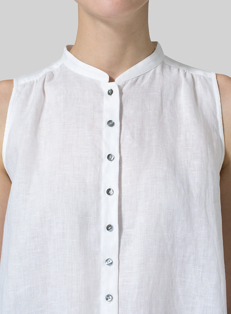 Linen Mandarin Collar A-Line Sleeveless Shirt