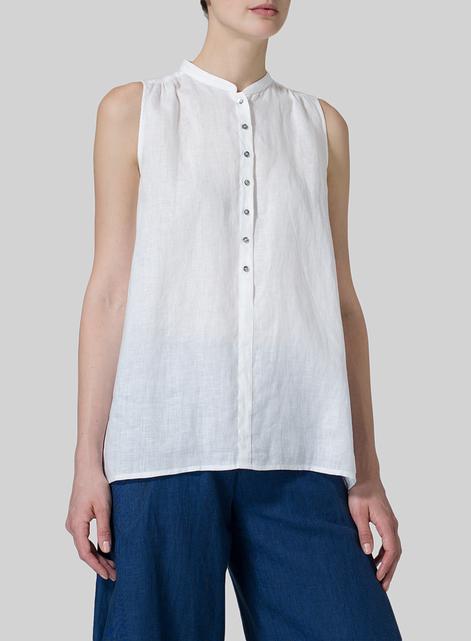 Linen Mandarin Collar A-Line Sleeveless Shirt