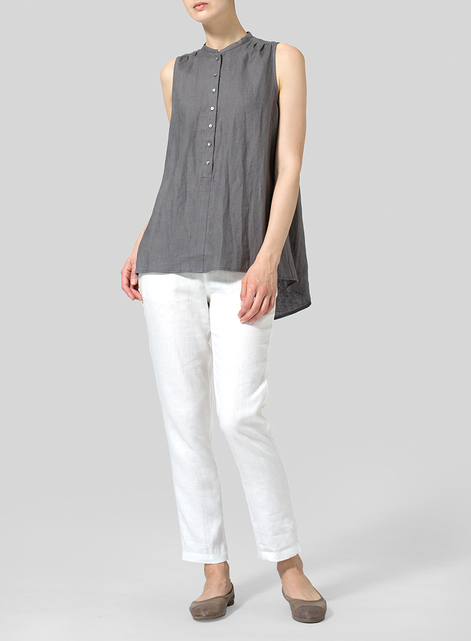 Linen Mandarin Collar A-Line Sleeveless Shirt