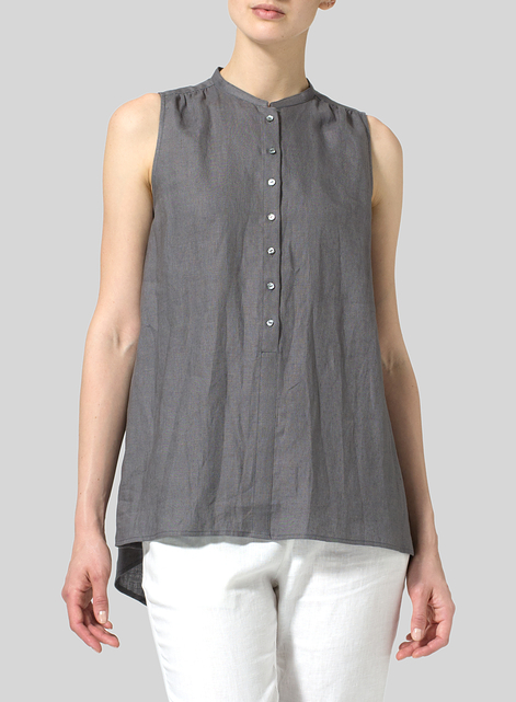 Linen Mandarin Collar A-Line Sleeveless Shirt