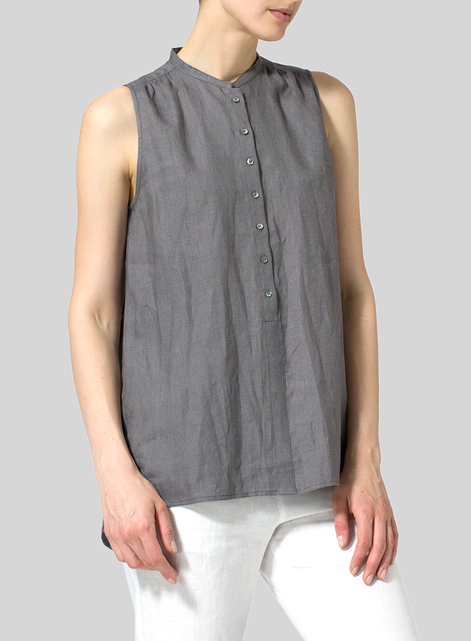Linen Mandarin Collar A-Line Sleeveless Shirt