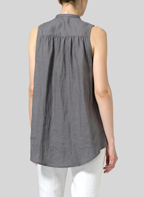 Linen Mandarin Collar A-Line Sleeveless Shirt