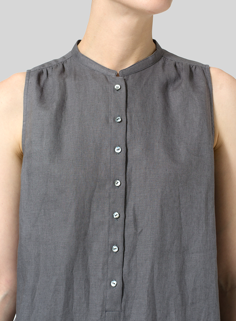 Linen Mandarin Collar A-Line Sleeveless Shirt
