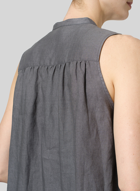 Linen Mandarin Collar A-Line Sleeveless Shirt