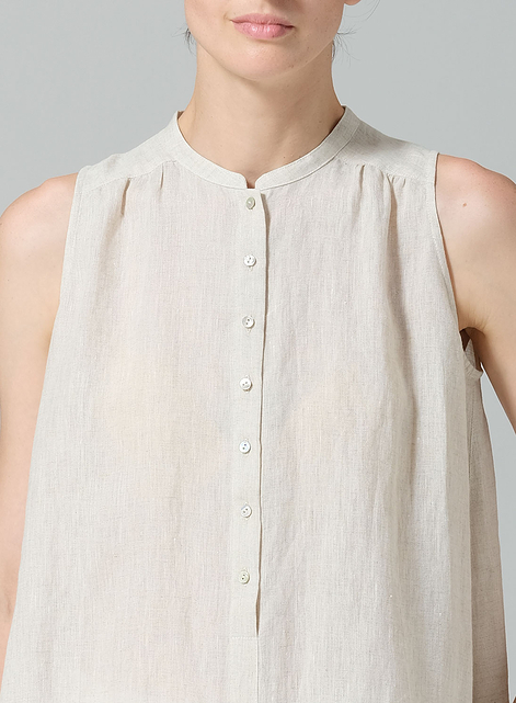 Linen Mandarin Collar A-Line Sleeveless Shirt