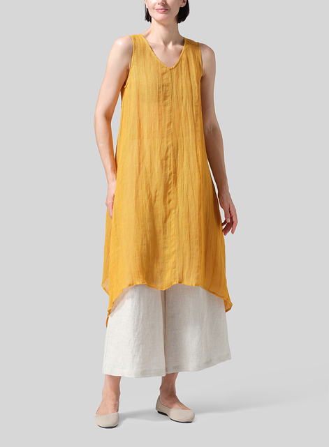 Woven Linen Sleeveless A-shaped Long Blouse