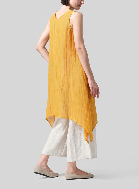 Woven Linen Sleeveless A-shaped Long Blouse