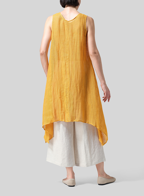 Woven Linen Sleeveless A-shaped Long Blouse