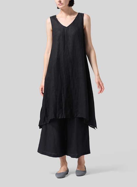 Woven Linen Sleeveless A-shaped Long Blouse