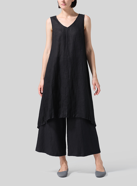 Woven Linen Sleeveless A-shaped Long Blouse