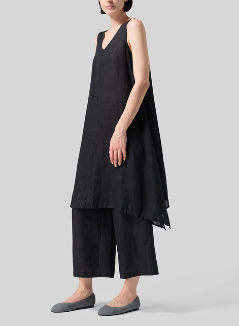 Woven Linen Sleeveless A-shaped Long Blouse