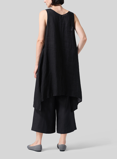 Woven Linen Sleeveless A-shaped Long Blouse
