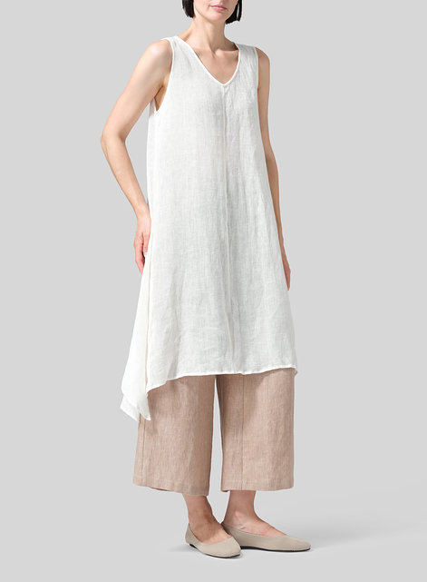 Woven Linen Sleeveless A-shaped Long Blouse